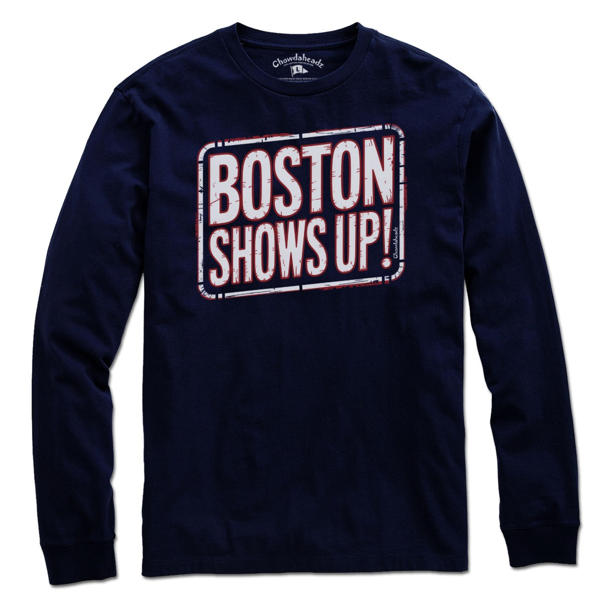 Long Sleeve tee in Navy with 'Boston Shows Up' design, New England 