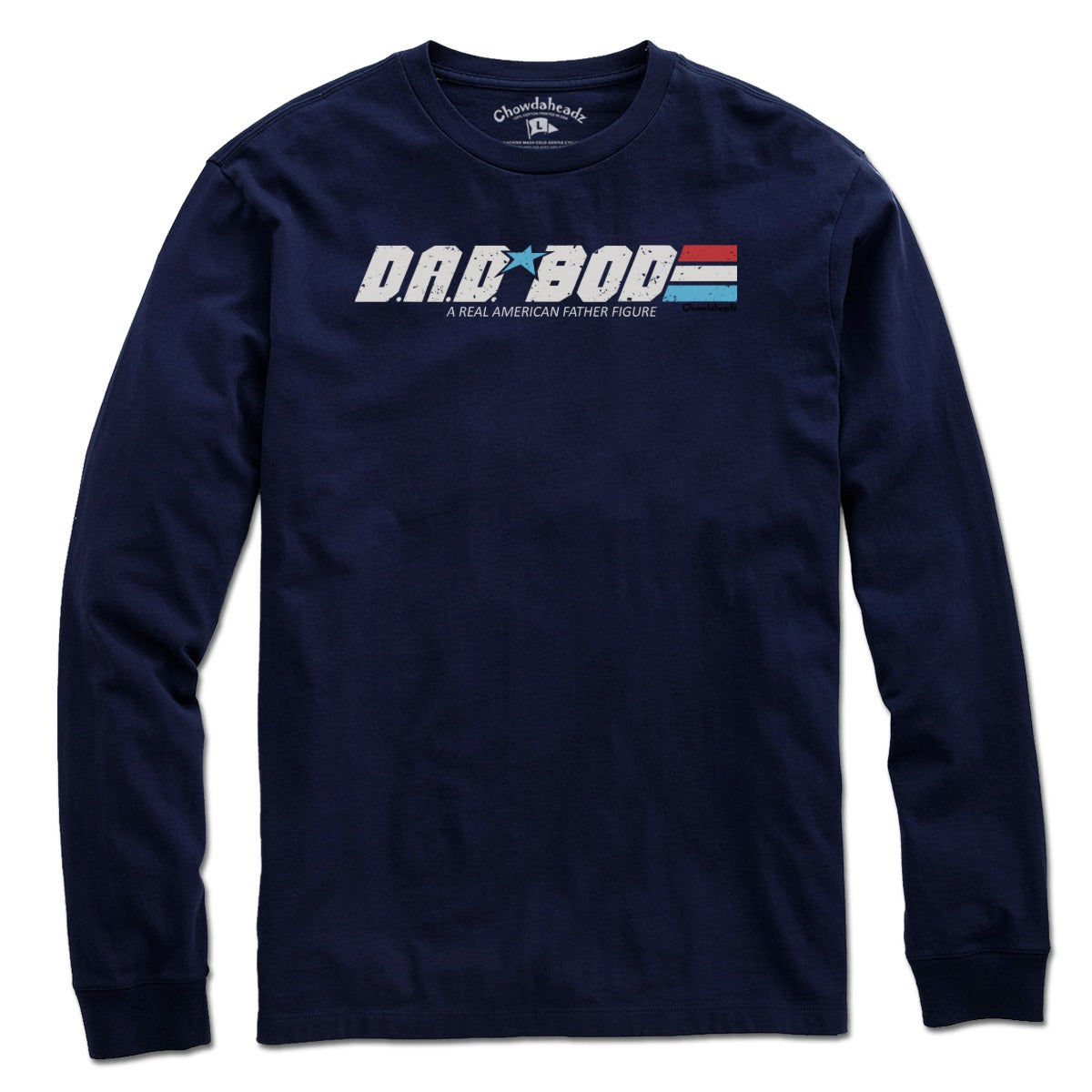 Long Sleeve in Navy with D.A.D. BOD A Real American Figure graphic