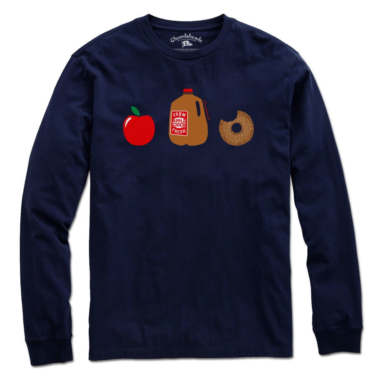 Long Sleeve apple cider donut graphic tee in Navy - New England autumn apparel