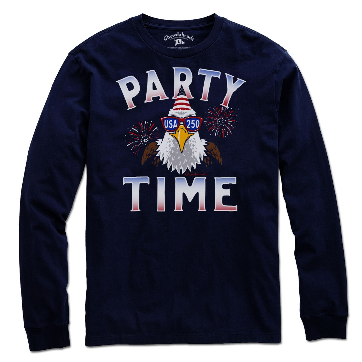 Long Sleeve bald eagle wearing sunglasses with fireworks in Navy background, party themed USA 250th anniversary graphic