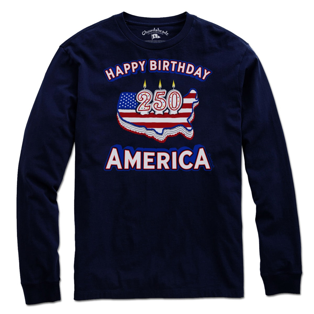 Long Sleeve Navy t-shirt with Happy Birthday America 250 birthday cake graphic design for July 4th celebration