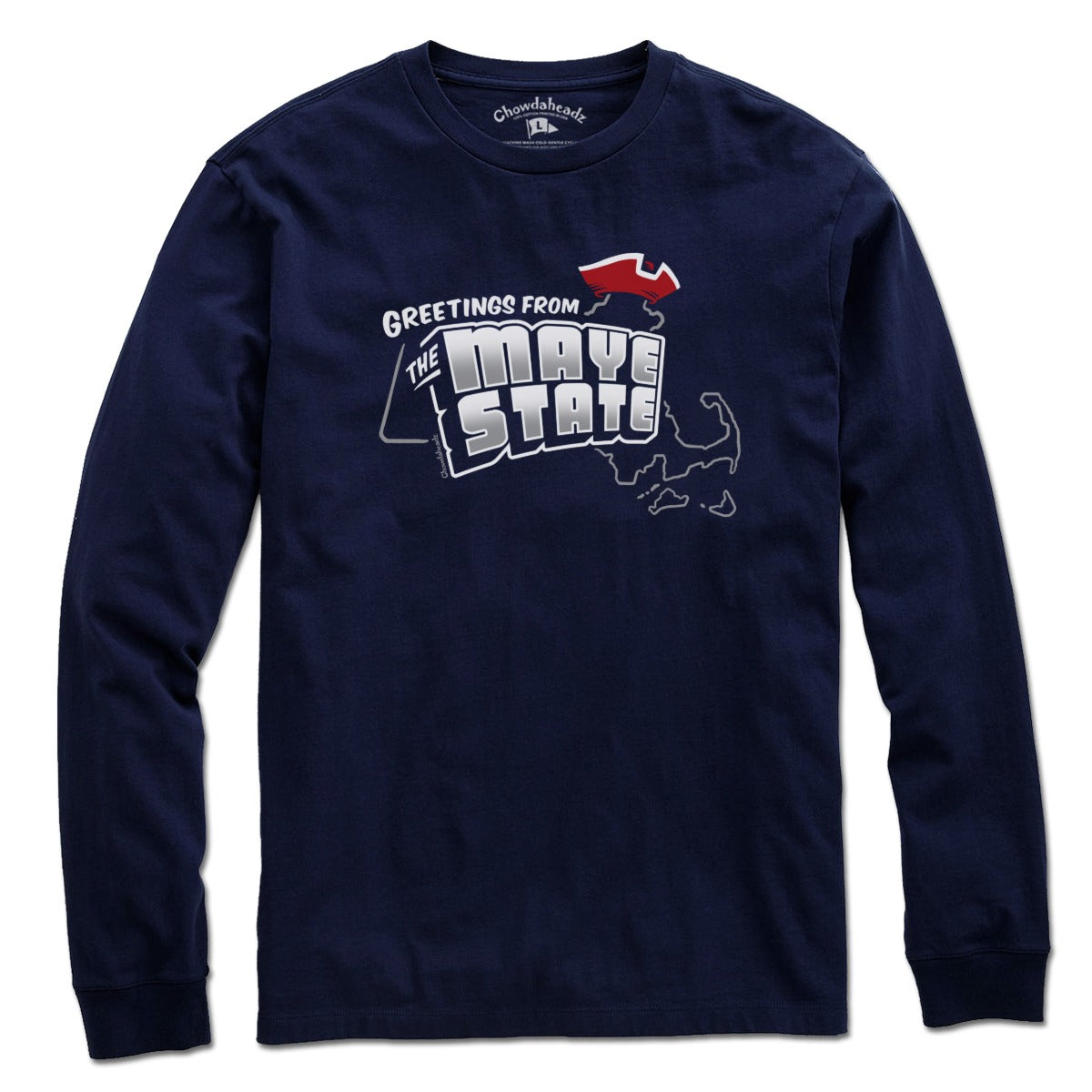 Long Sleeve in Navy with Greetings From The Maye State New England football graphic