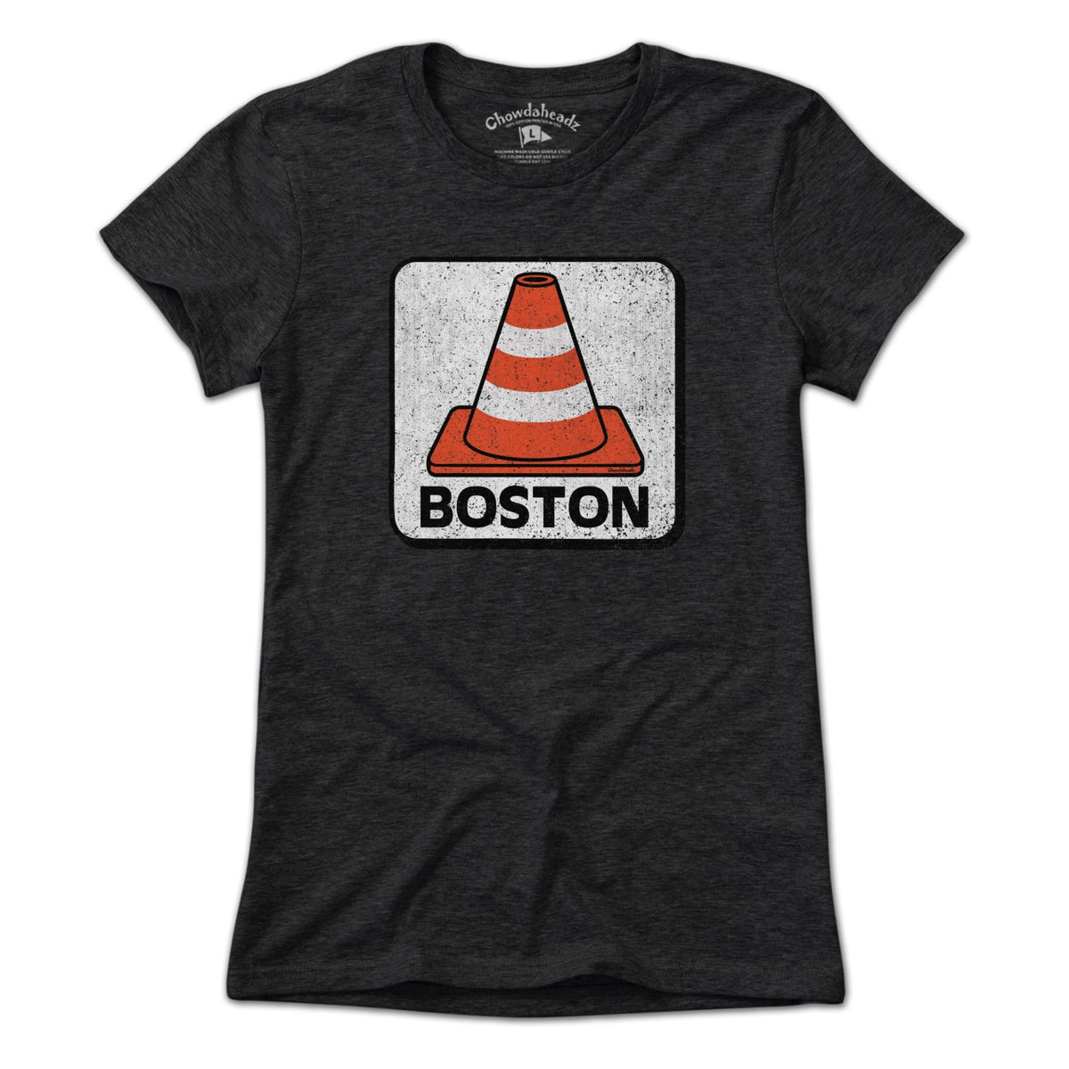 Ladies Tee in Charcoal with Boston Traffic Cone construction graphic