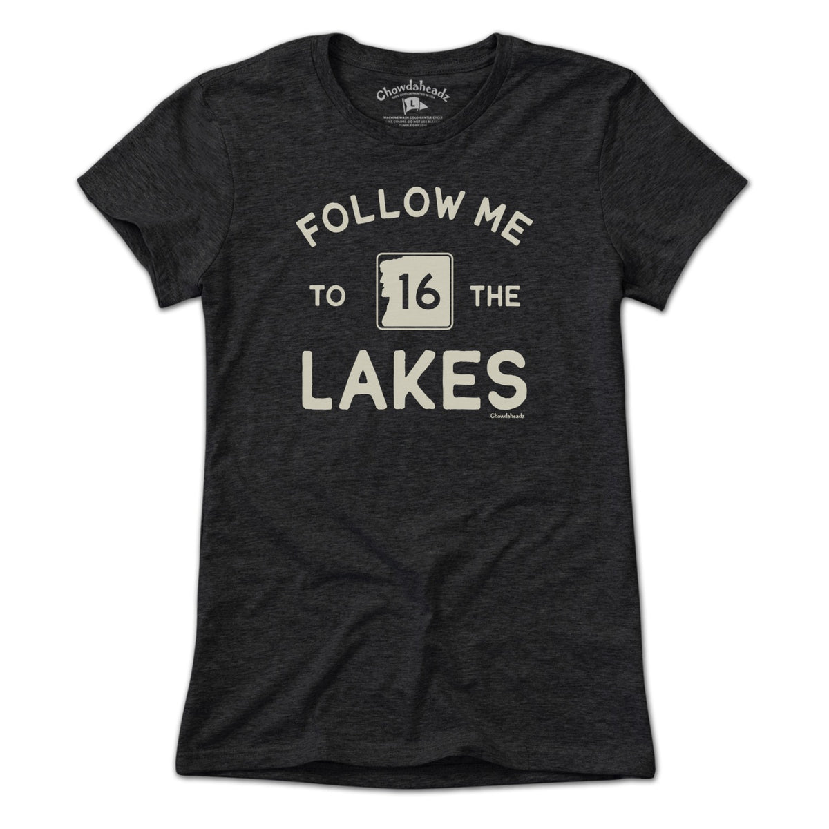 Ladies Tee in Charcoal with Follow Me To The Lakes New Hampshire graphic