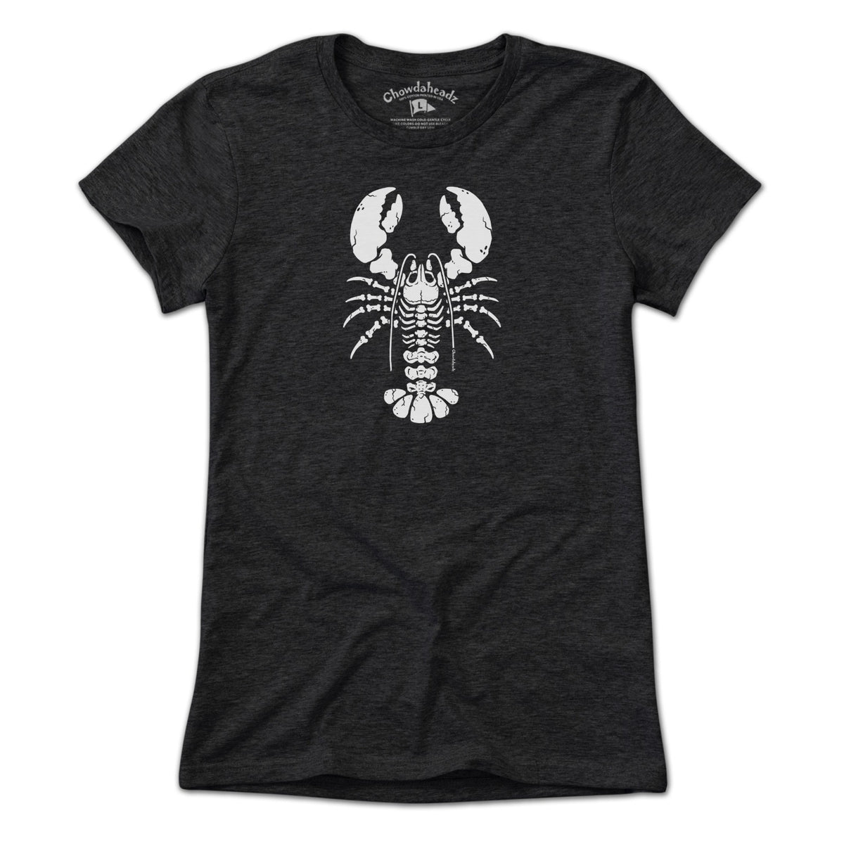 Charcoal Women's Tee featuring skeleton lobster design in white and gray