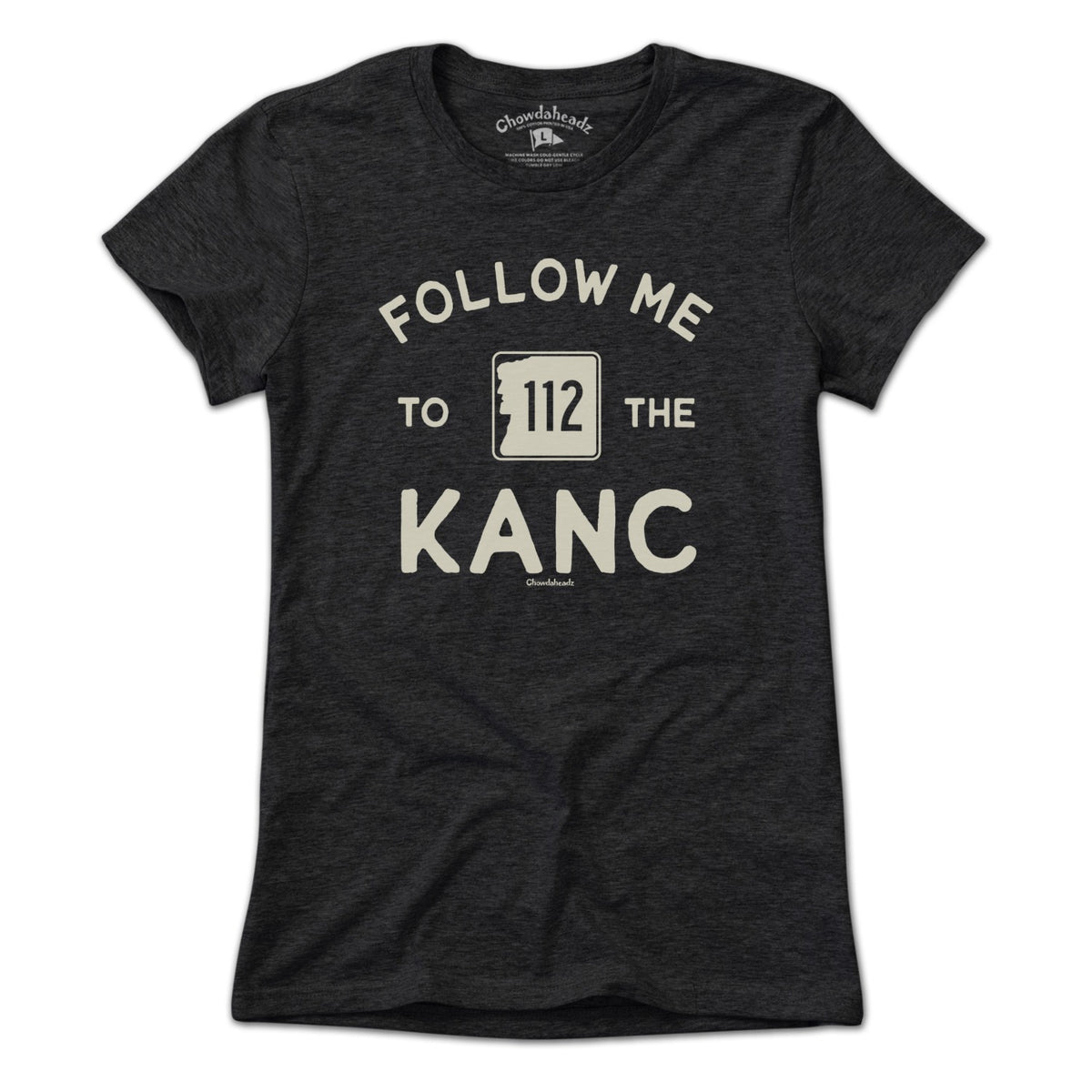 Ladies Tee in Charcoal with Follow Me To The Kanc New Hampshire Route 112 graphic
