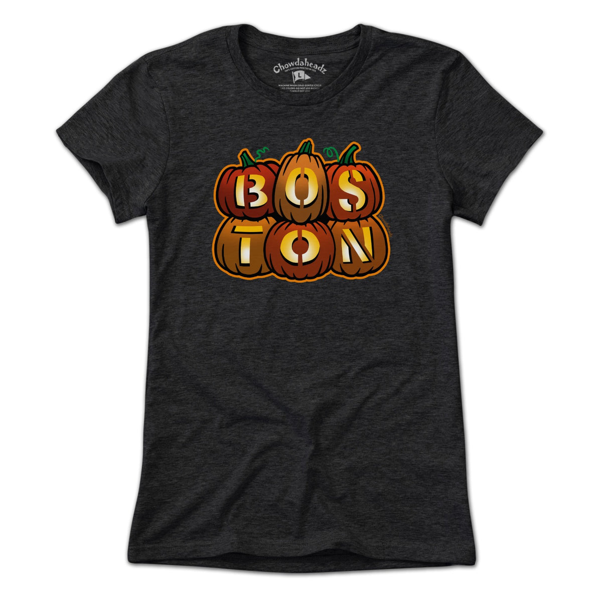 Charcoal Women's Tee featuring stacked jack o' lantern design with Boston autumn vibes