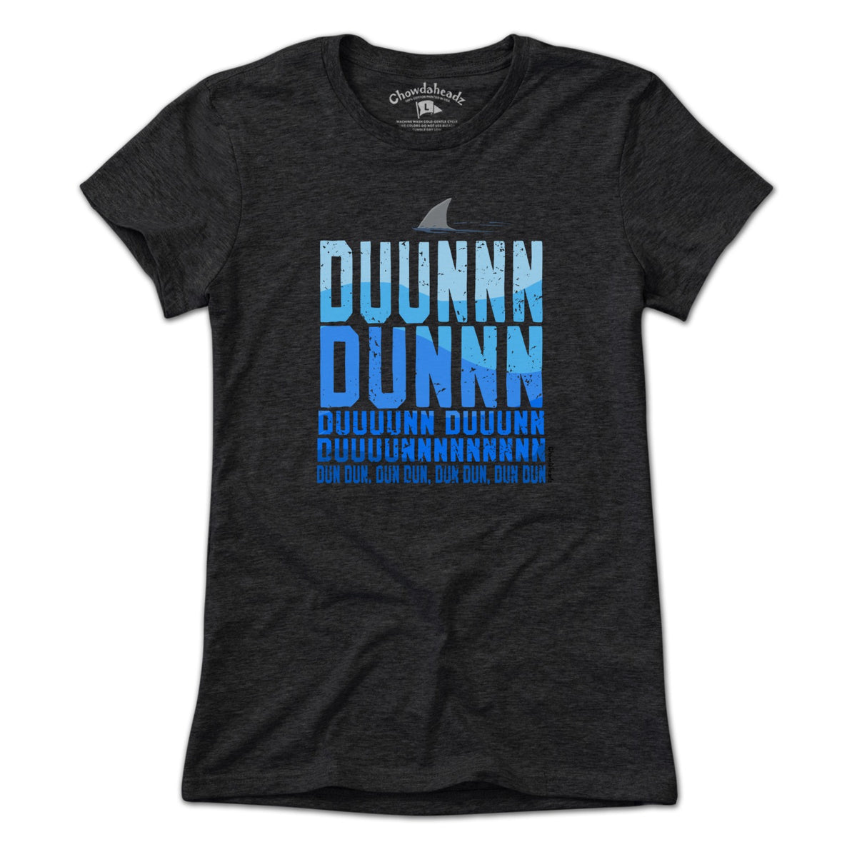 Ladies Tee in Charcoal with Shark Theme New England coastal graphic