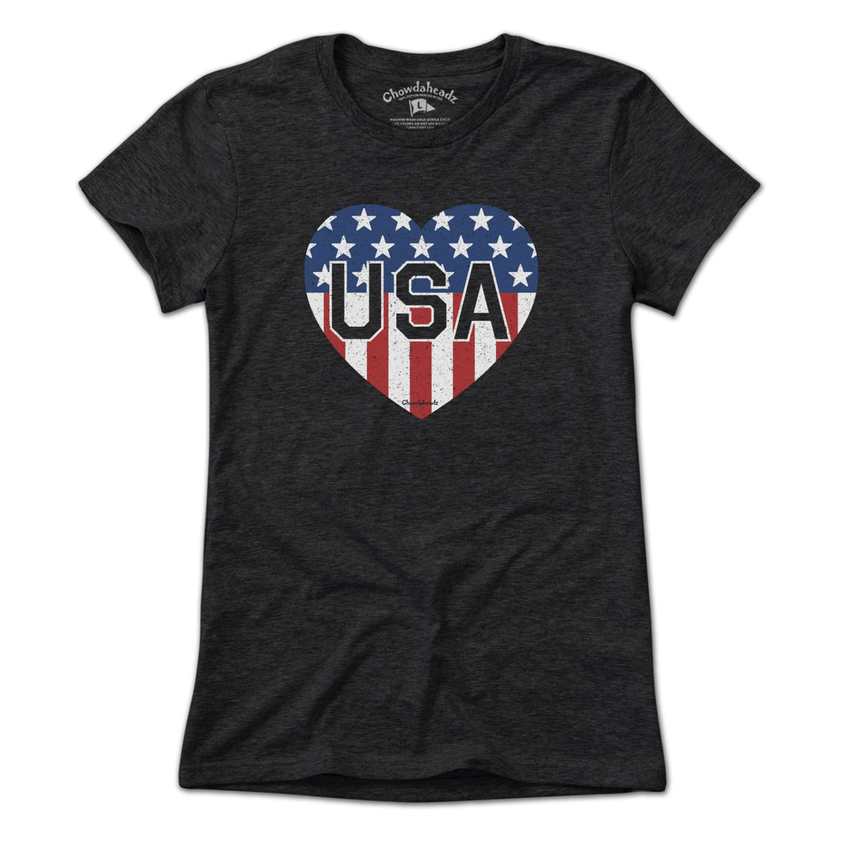 Ladies Tee in Charcoal with USA Heart stars and stripes graphic