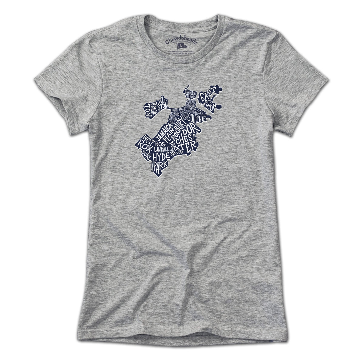 Front view of a gray ladies T-shirt with a navy-and-white Boston neighborhood-name map