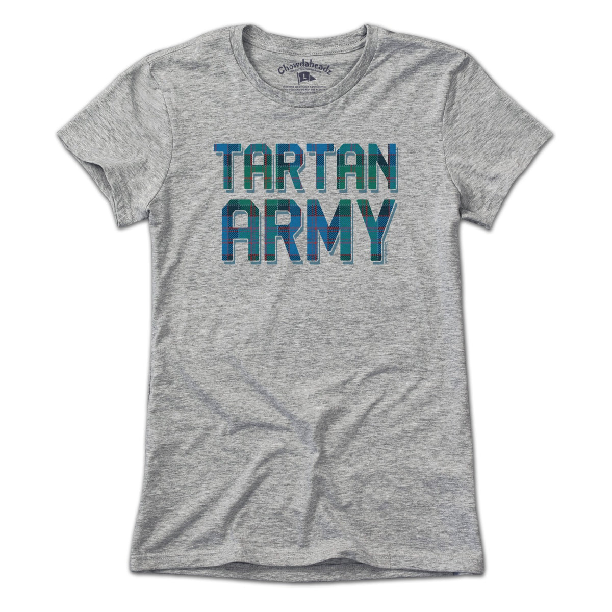 Ladies Tee in Gray with Tartan Army Scotland football graphic