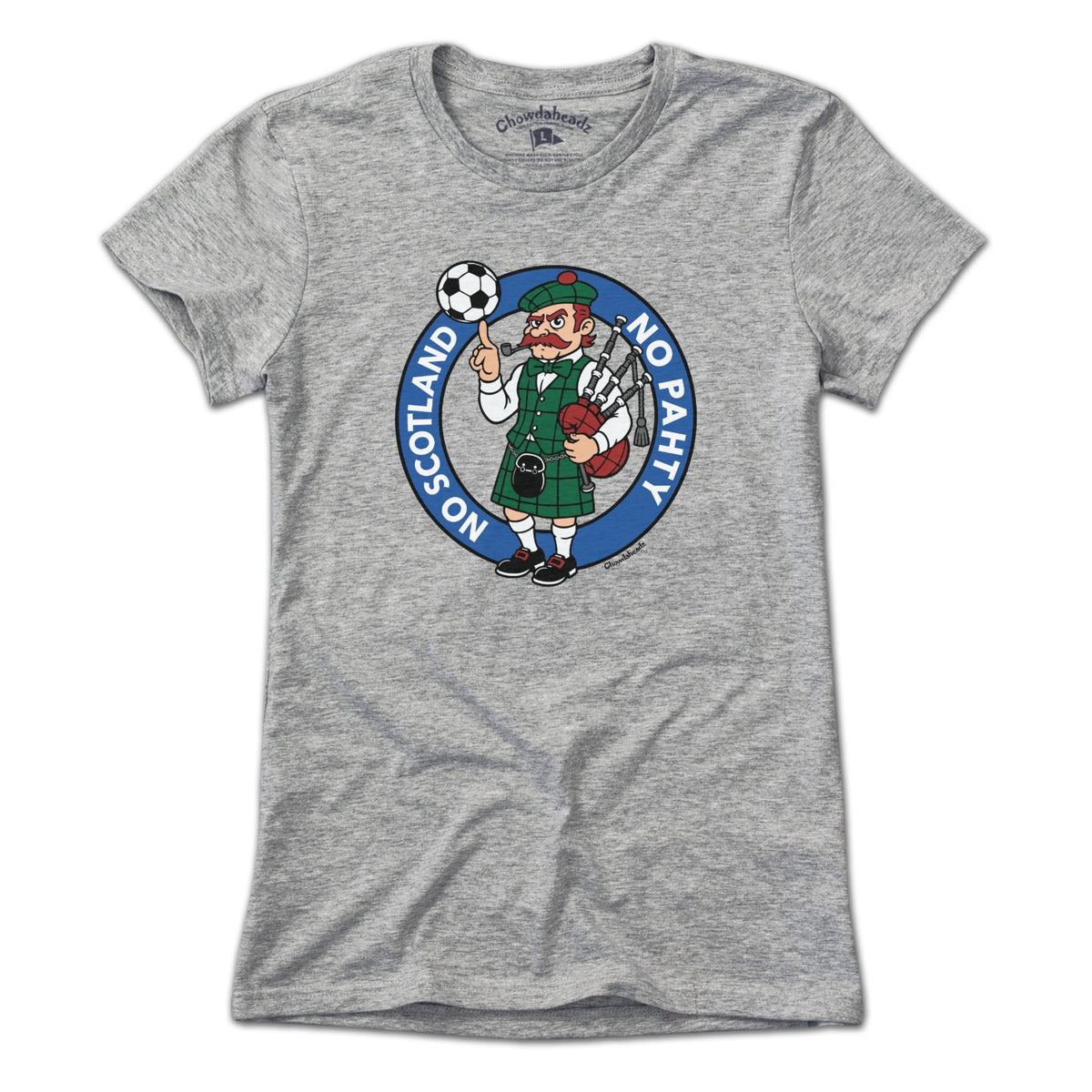 Ladies Tee in Gray with No Scotland No Pahty soccer chant graphic