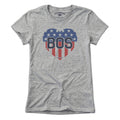 Ladies Tee in Gray with BOS Heart Stars & Stripes Boston patriotic graphic