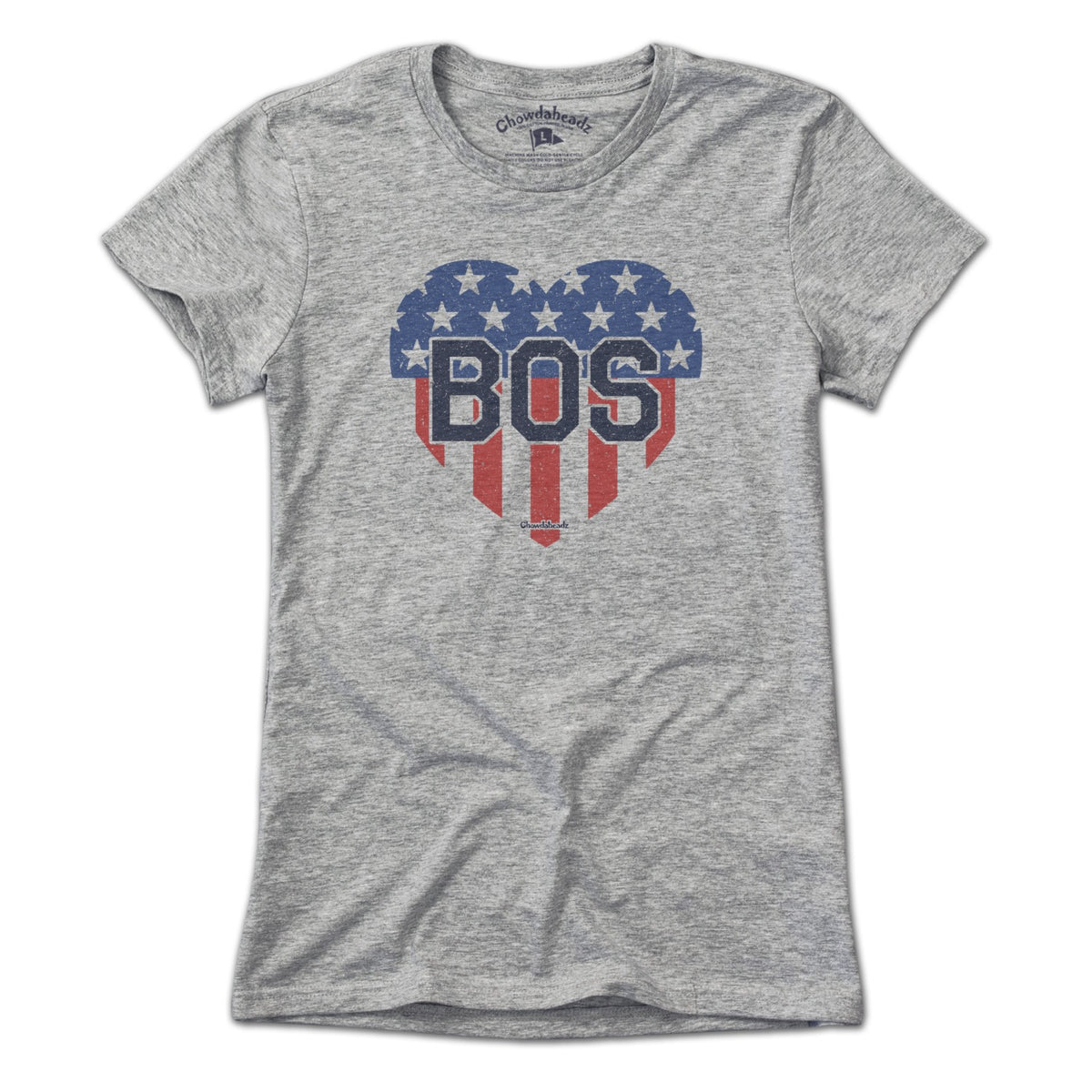 Ladies Tee in Gray with BOS Heart Stars & Stripes Boston patriotic graphic