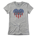 Ladies Tee in Gray with BOS Heart Stars & Stripes Boston patriotic graphic