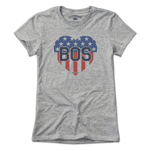 Ladies Tee in Gray with BOS Heart Stars & Stripes Boston patriotic graphic