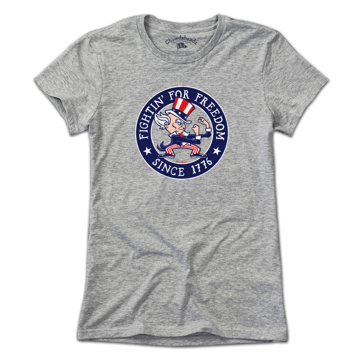 Ladies Tee in Gray with Fightin' For Freedom Uncle Sam patriotic graphic