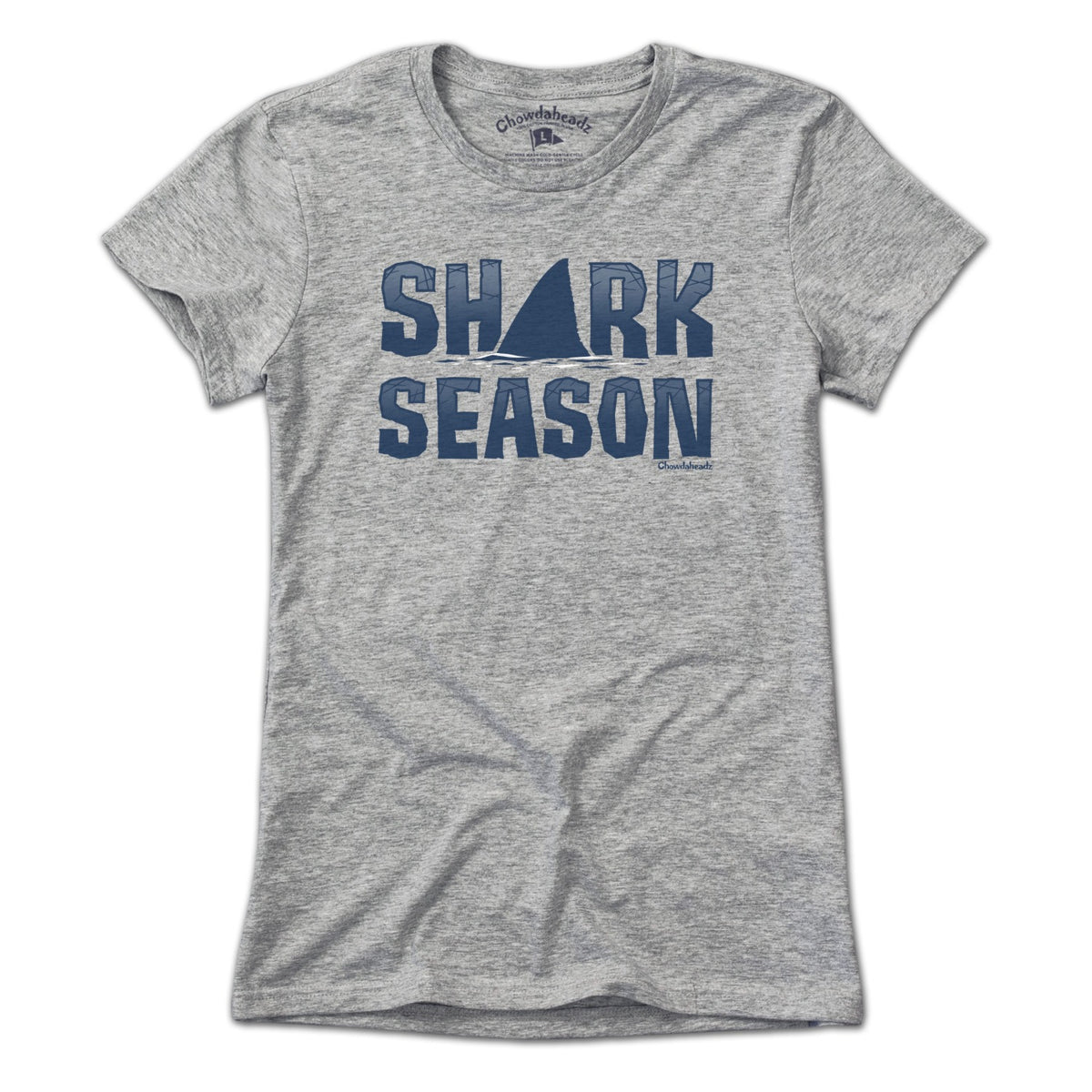 Ladies Tee in Gray with Shark Season Cape Cod graphic