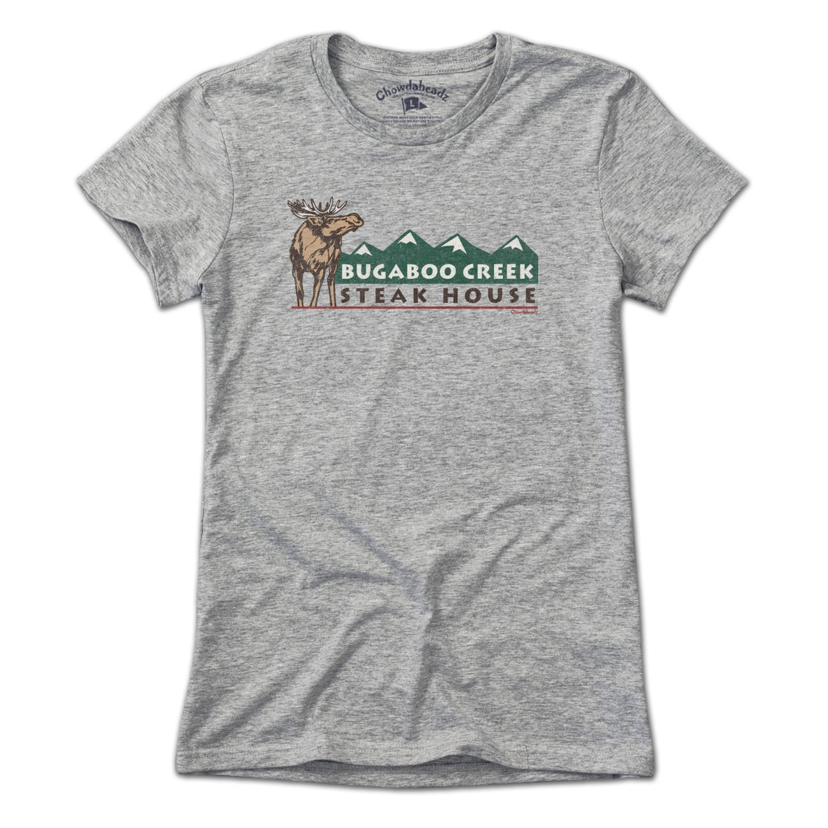 Gray ladies short-sleeve shirt with the Bugaboo Creek Steak House moose and mountain graphic, front view