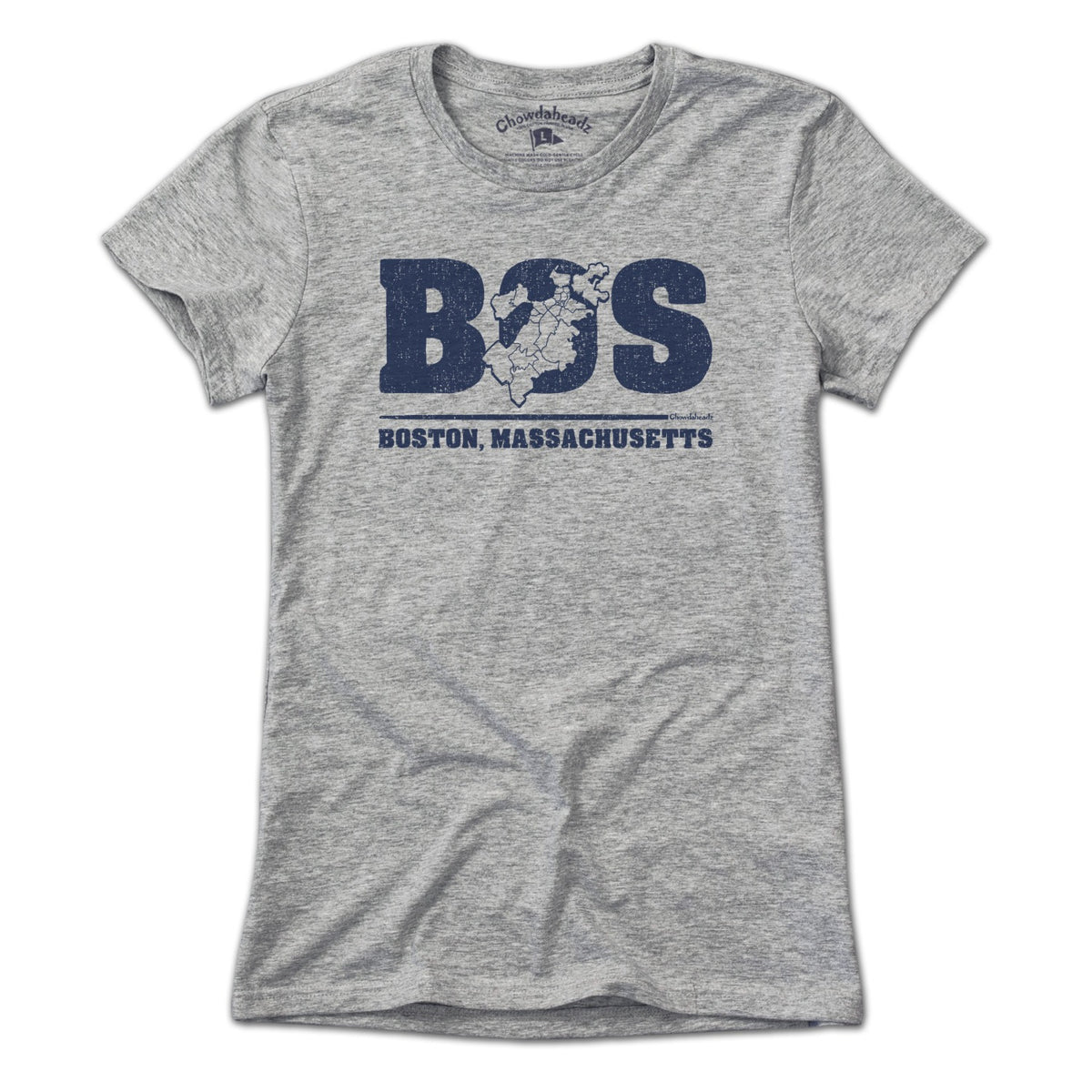 Ladies Tee in Gray with BOS Boston Neighborhoods Map graphic