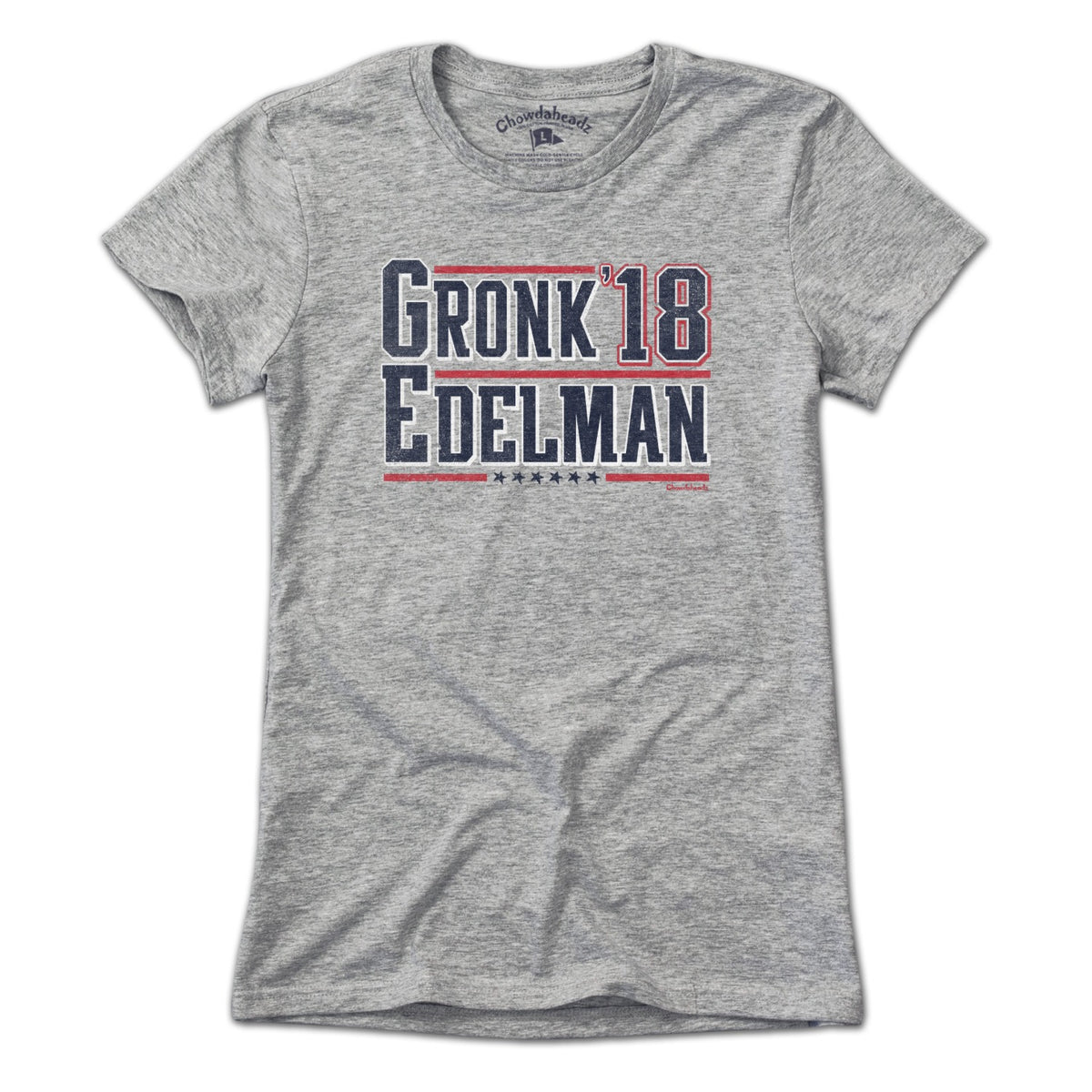Ladies Tee in Gray with Gronk Edelman '18 New England football legends graphic