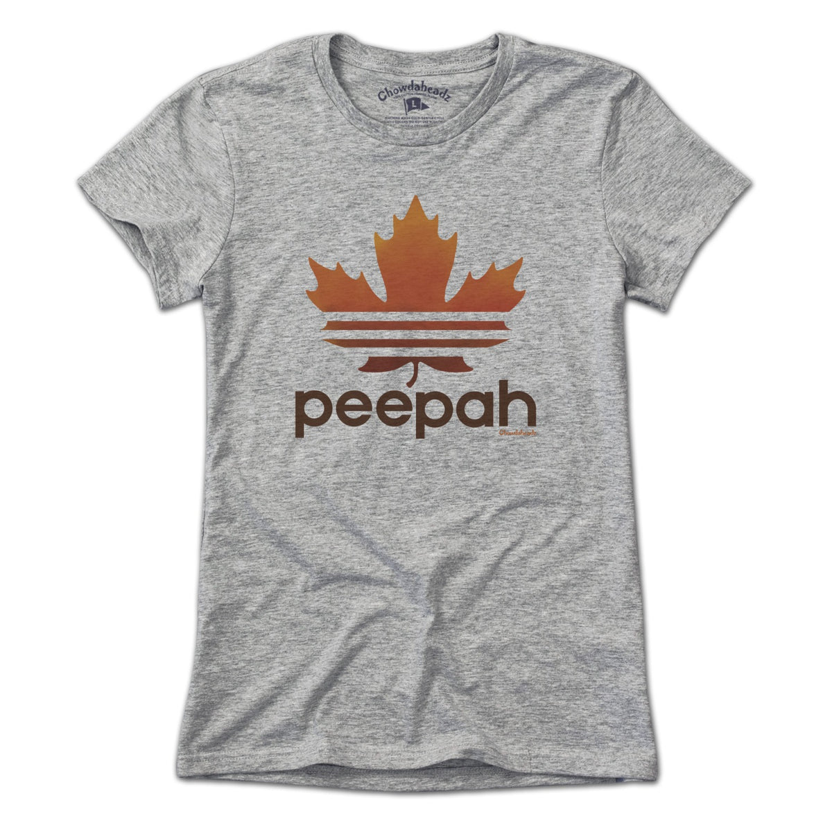 Ladies Tee in Gray with Leaf Peepah New England fall foliage graphic