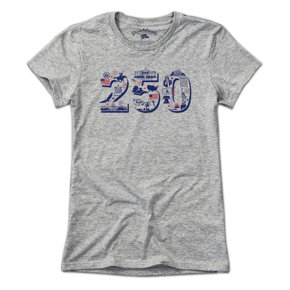 Women's Tee patriotic t-shirt with USA 250 icons in red white and blue on Gray cotton