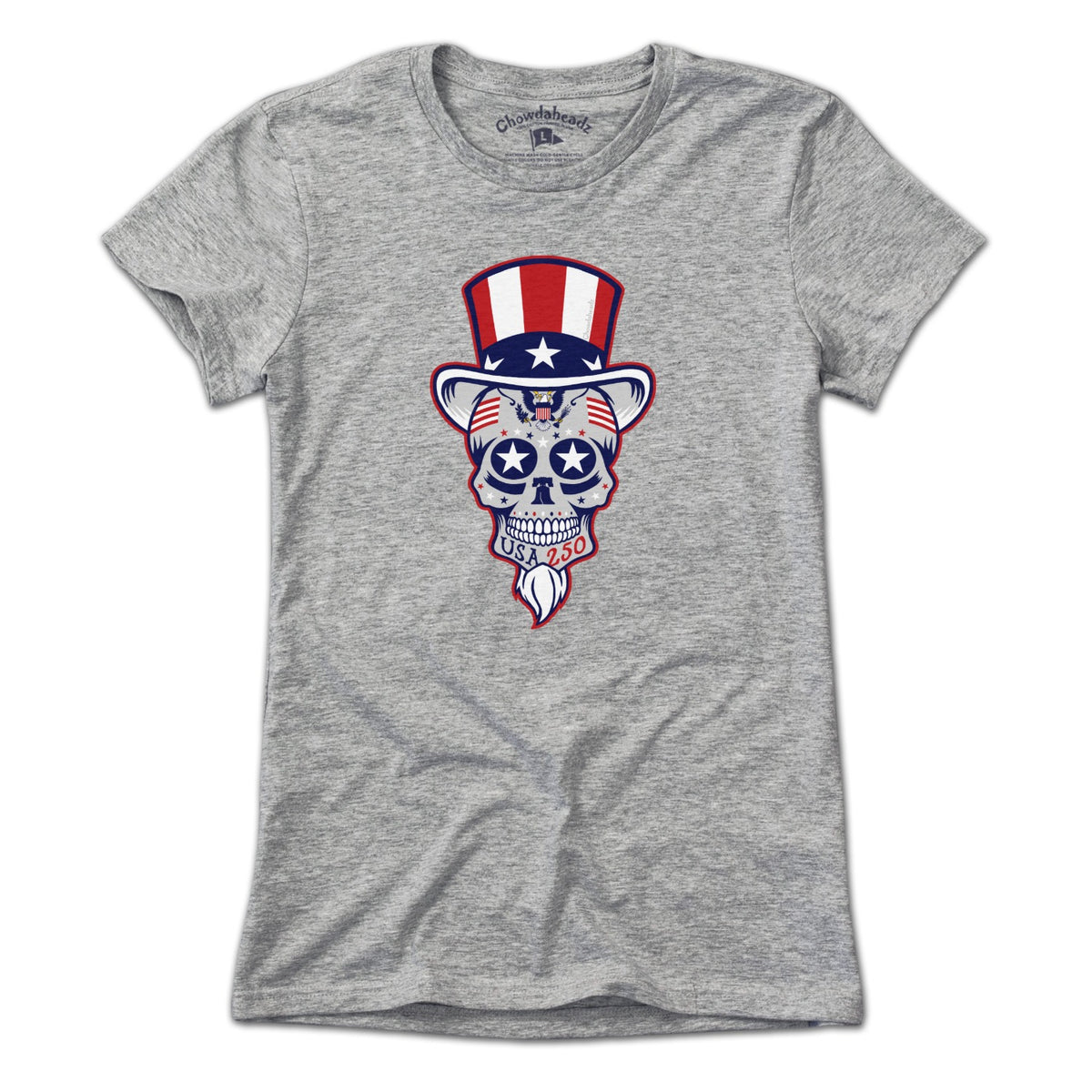 Ladies Tee in Gray with Uncle Sam Patriotic Dead Head graphic