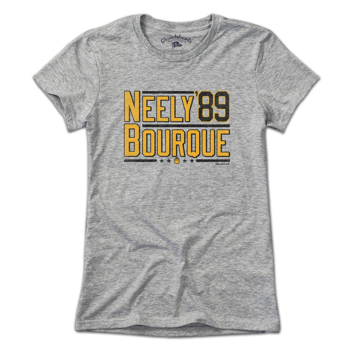 Front view of gray ladies' T-shirt with gold-and-black Neely Bourque '89 design