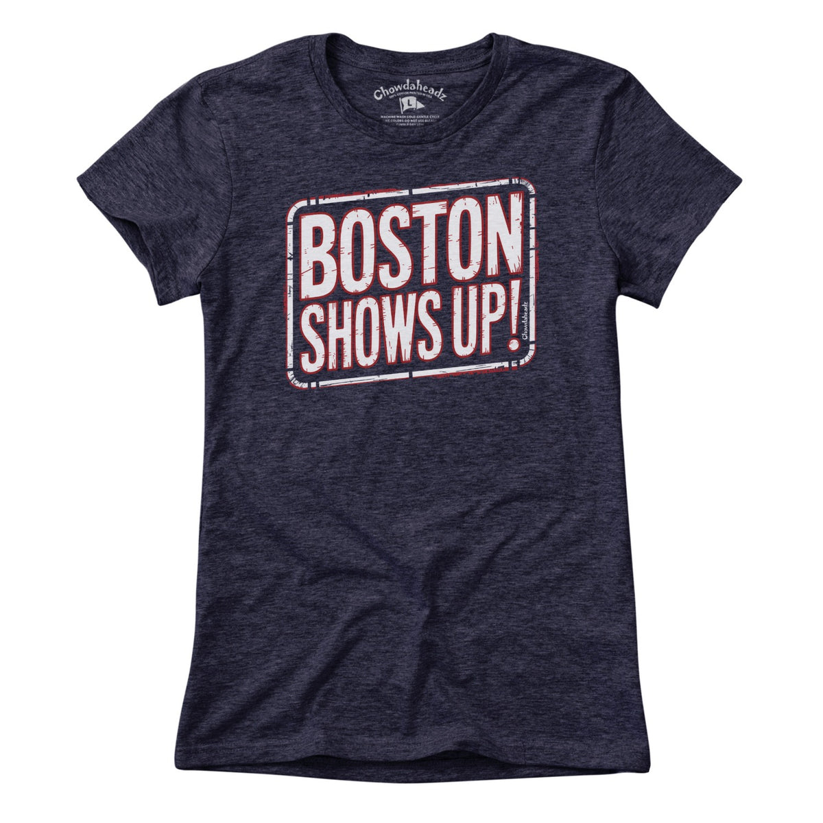 Women's Tee tee in Heather Blue with 'Boston Shows Up' design, New England 
