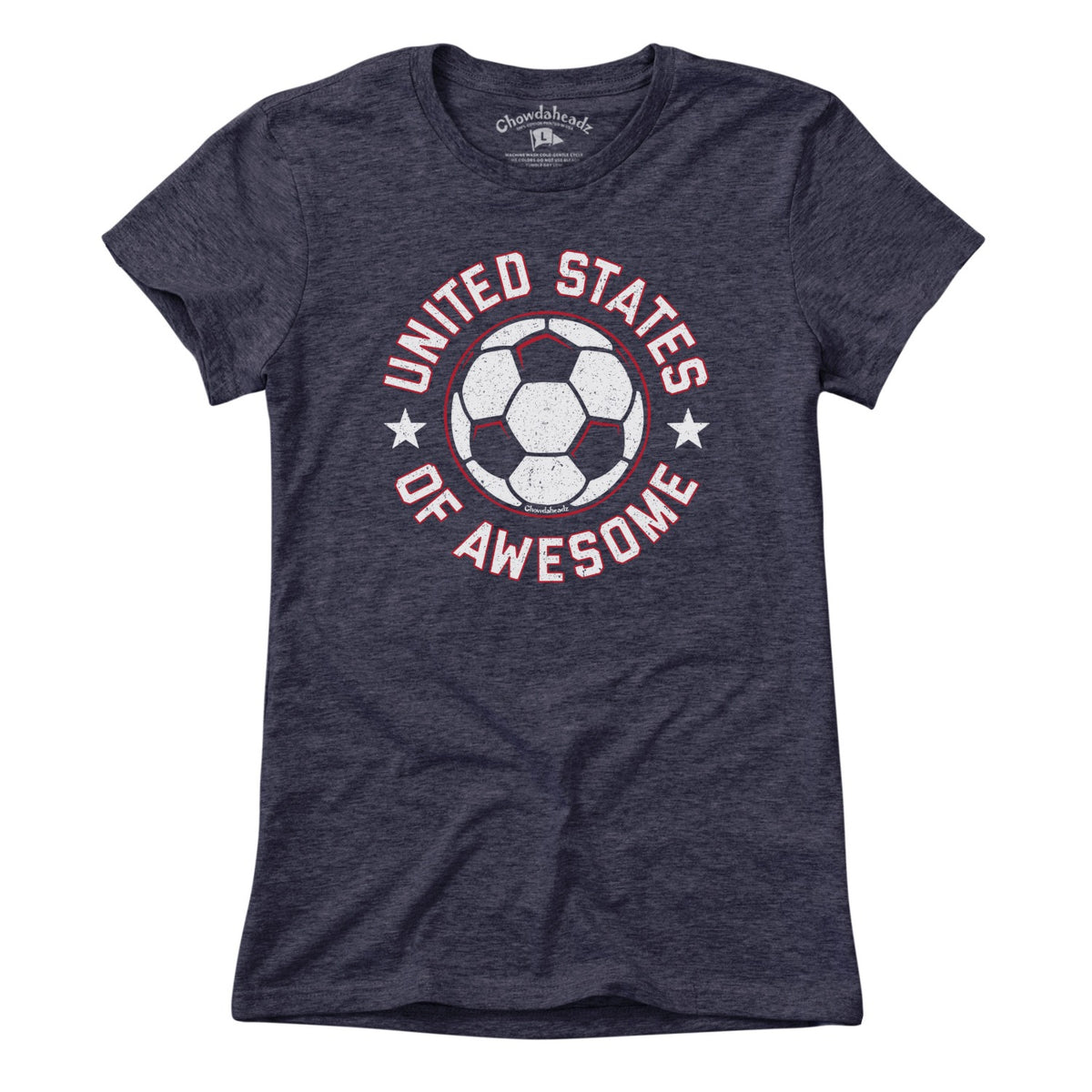 Ladies Tee in Heather Blue with United States of Awesome Soccer patriotic footy graphic