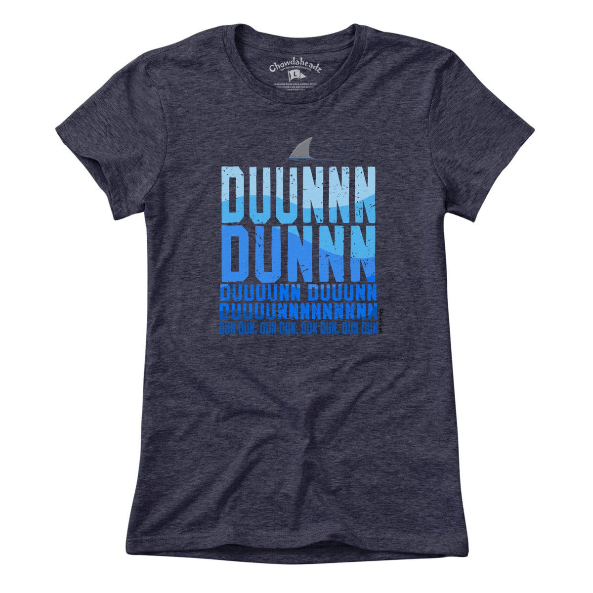 Ladies Tee in Heather Blue with Shark Theme New England coastal graphic