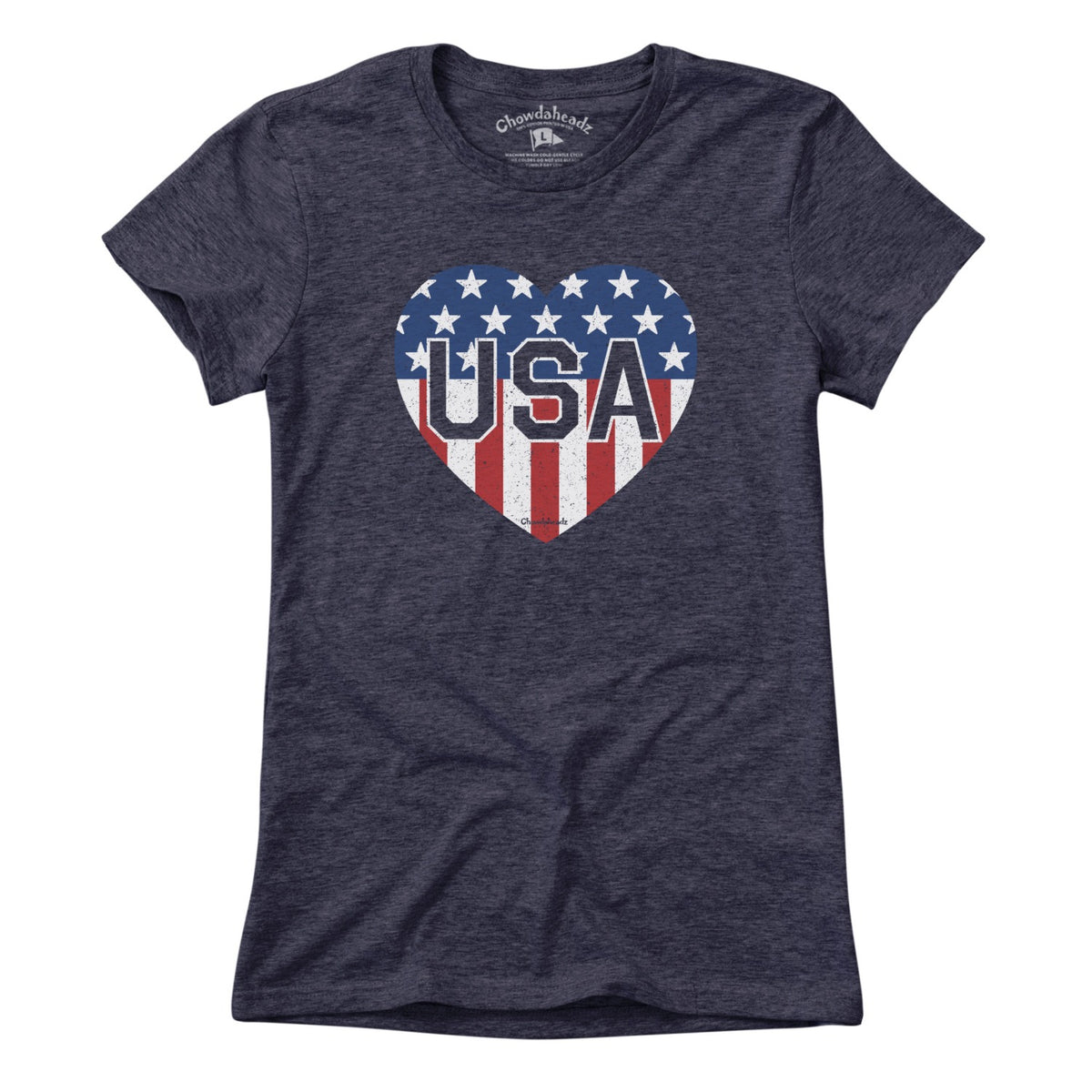 Ladies Tee in Heather Blue with USA Heart stars and stripes graphic