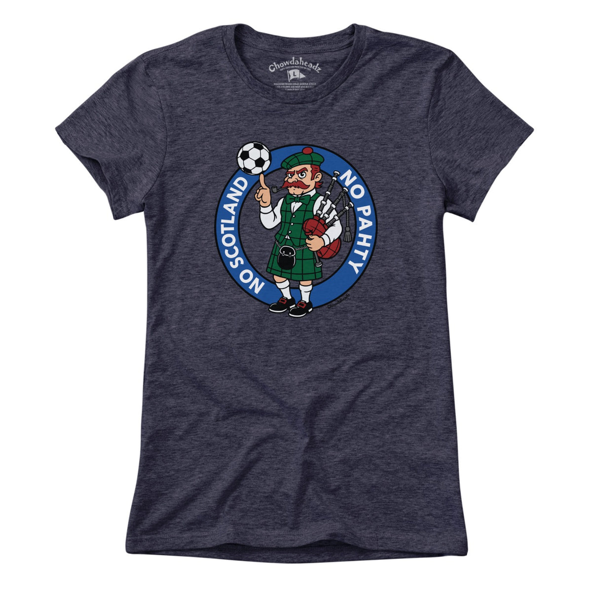 Ladies Tee in Heather Blue with No Scotland No Pahty soccer chant graphic