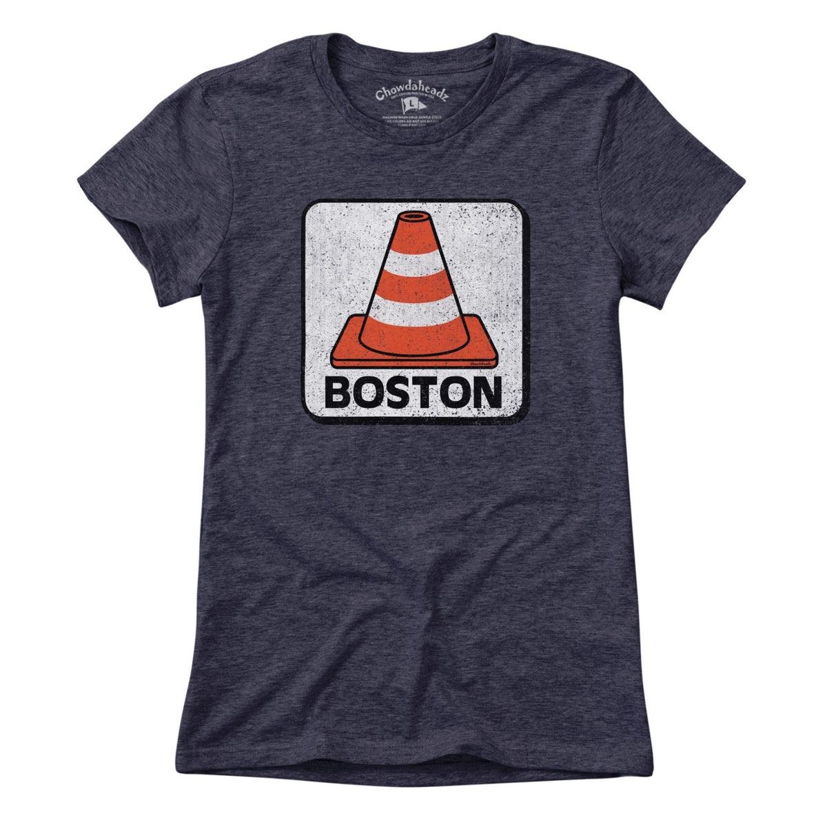 Ladies Tee in Heather Blue with Boston Traffic Cone construction graphic
