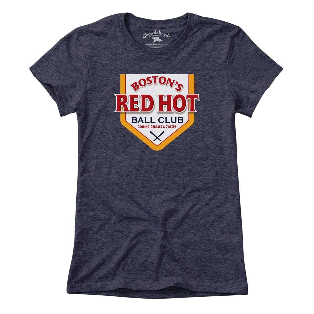 Ladies Tee in Heather Blue with Boston's Red Hot Baseball Label vintage graphic