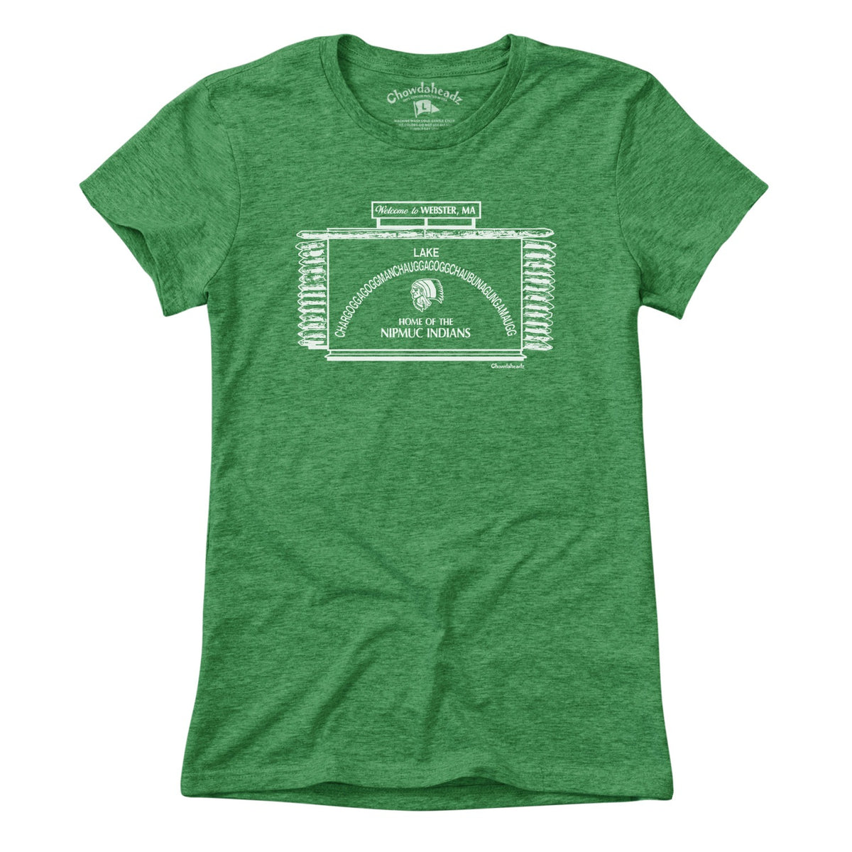 Green Ladies T-shirt, front view, with a white Webster, MA lake-sign graphic, arched lake name, and log-style border.