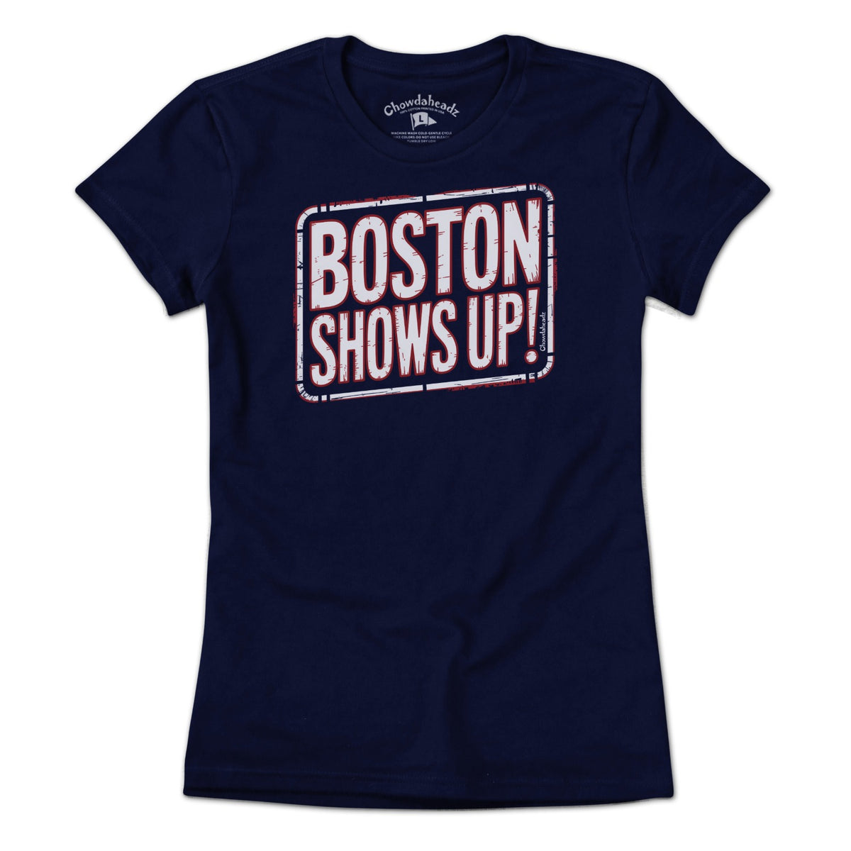 Women's Tee tee in Navy with 'Boston Shows Up' design, New England 