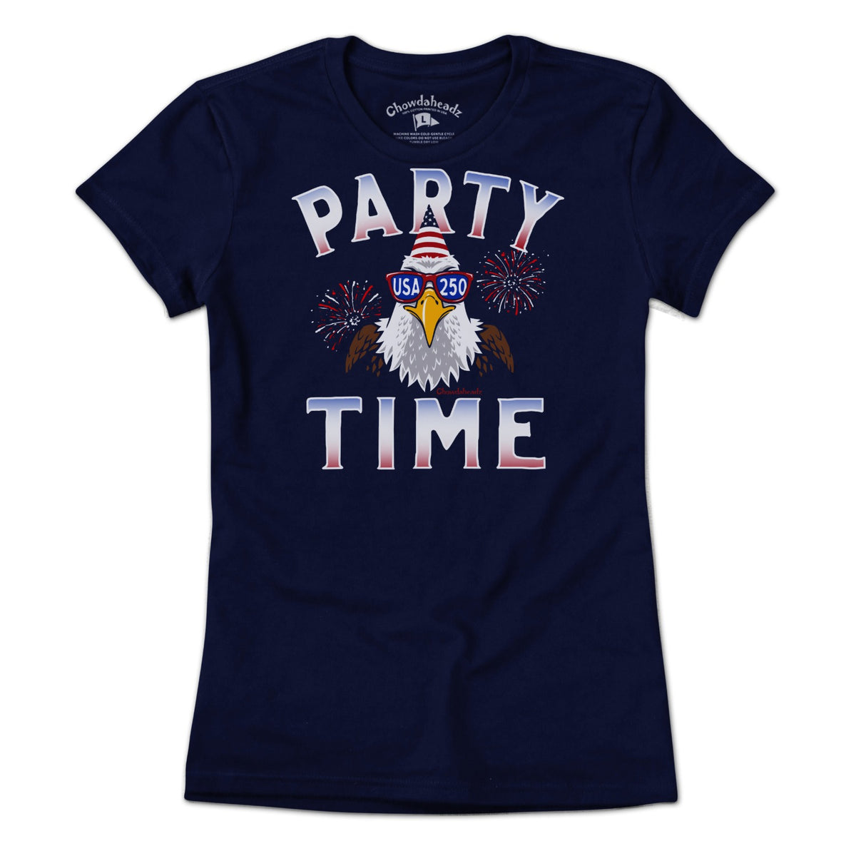 Women's Tee bald eagle wearing sunglasses with fireworks in Navy background, party themed USA 250th anniversary graphic