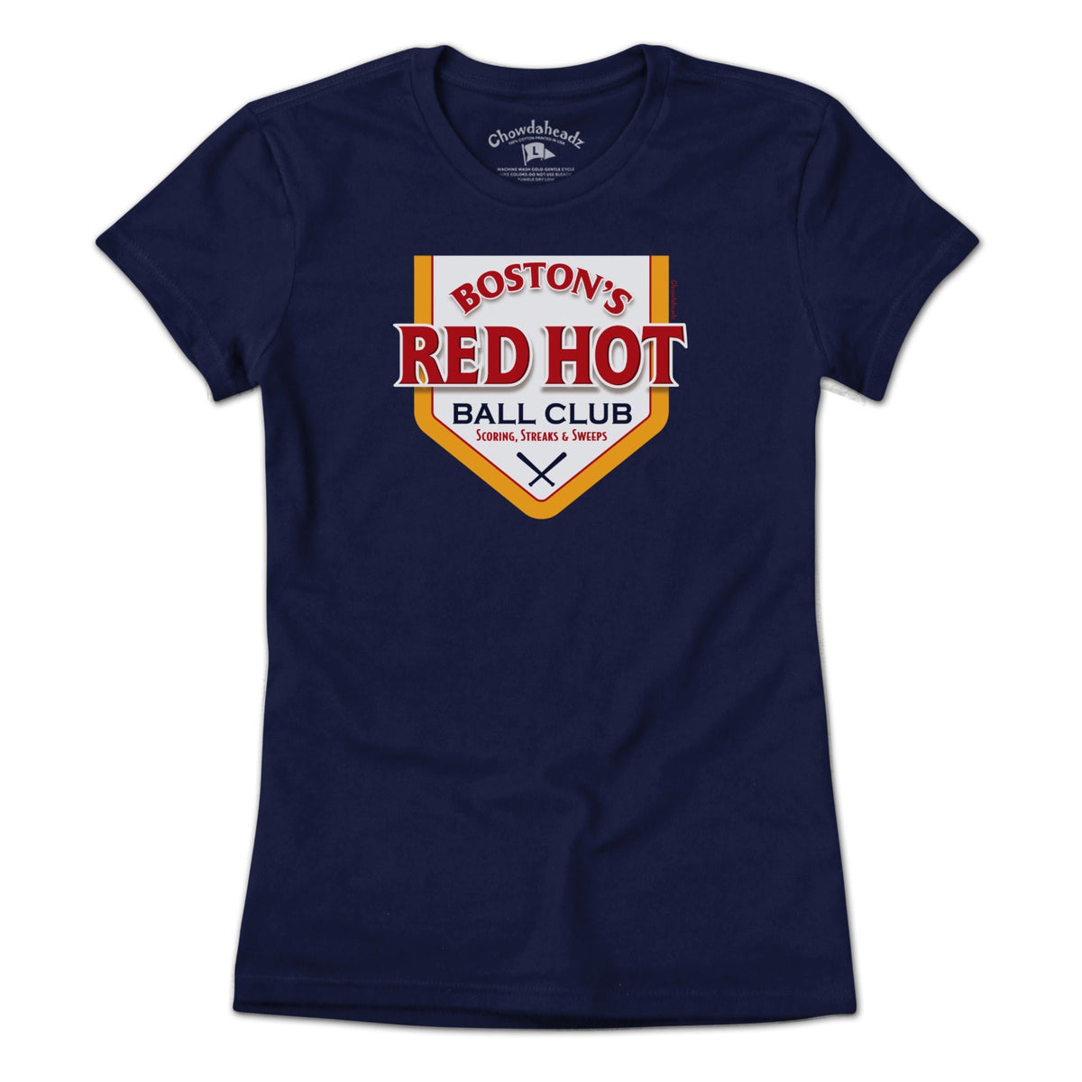 Ladies Tee in Navy with Boston's Red Hot Baseball Label vintage graphic