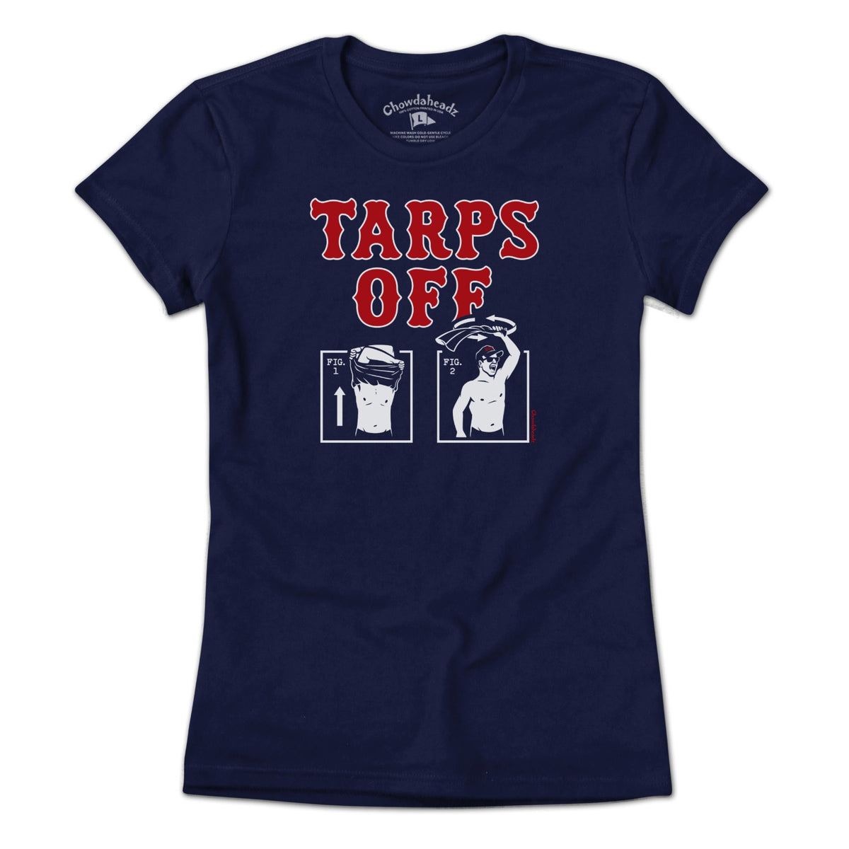 Ladies Tee in Navy with Tarps Off Boston baseball graphic