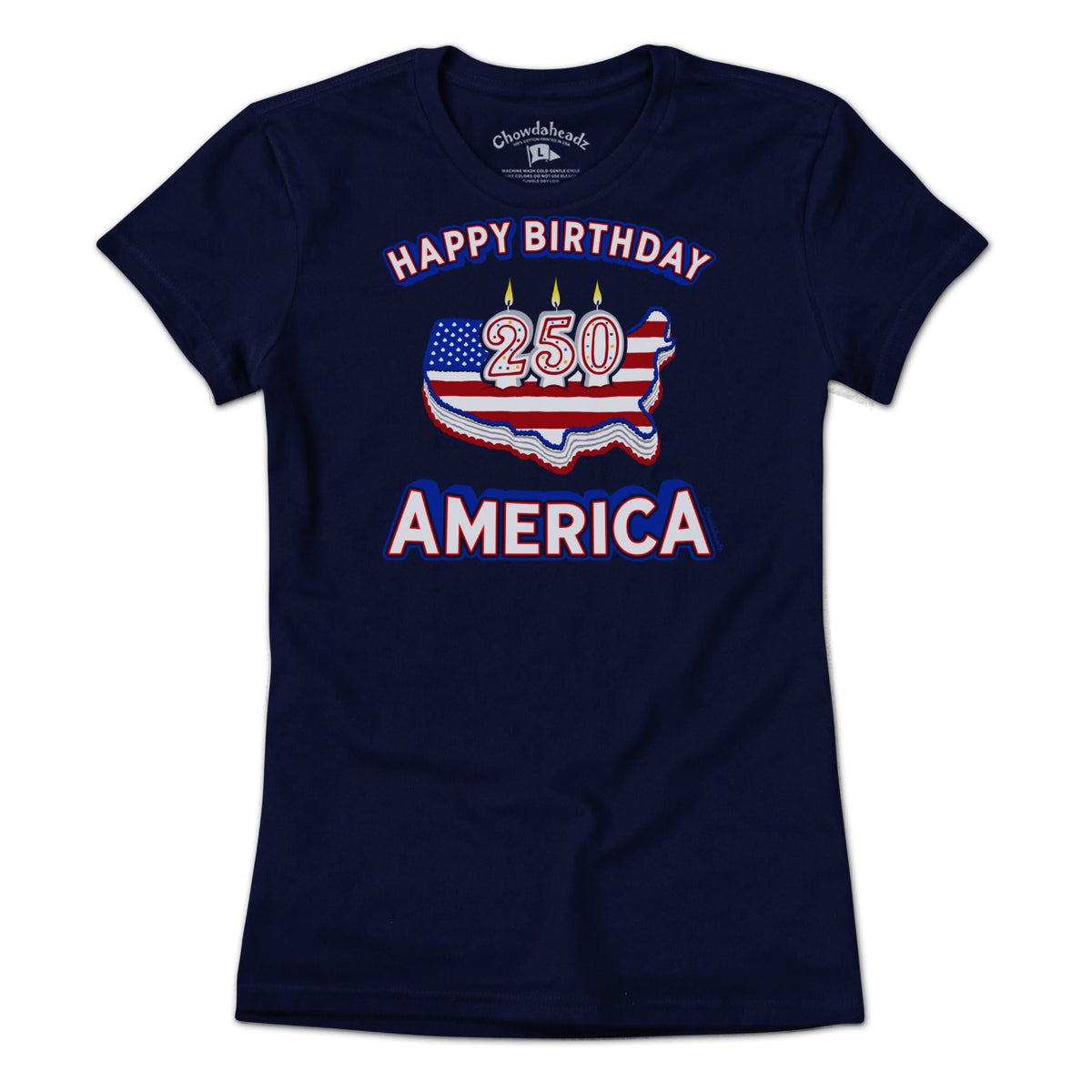 Women's Tee Navy t-shirt with Happy Birthday America 250 birthday cake graphic design for July 4th celebration