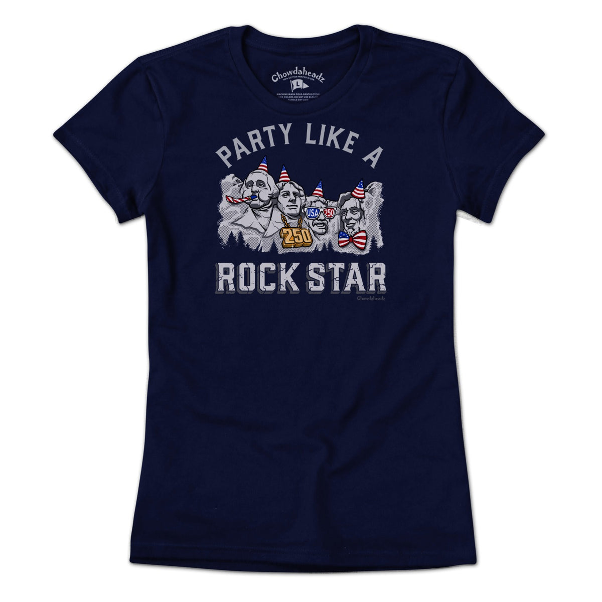 Party Like A Rock Star Mount Rushmore USA 250th Anniversary Women's Tee in Navy