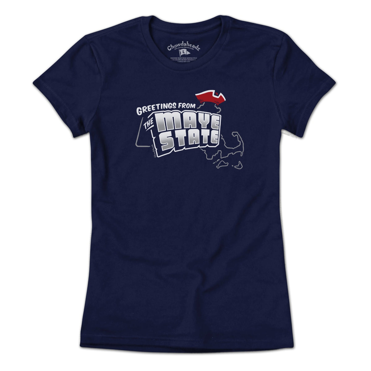 Ladies Tee in Navy with Greetings From The Maye State New England football graphic