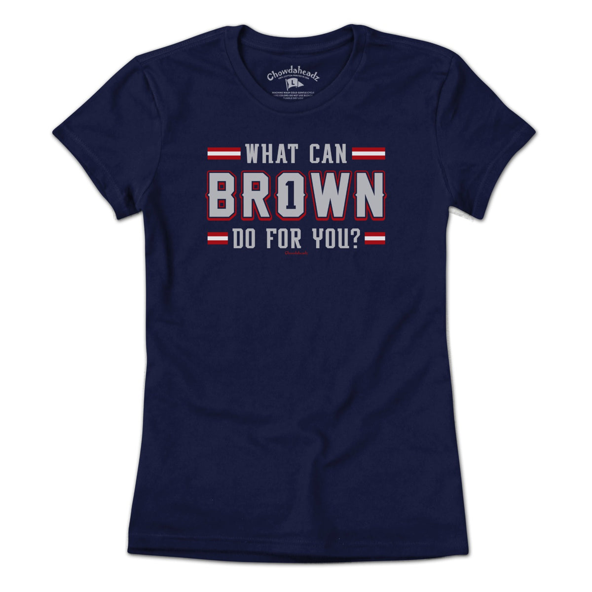 Ladies Tee in Navy with What Can Brown Do For You? New England football graphic