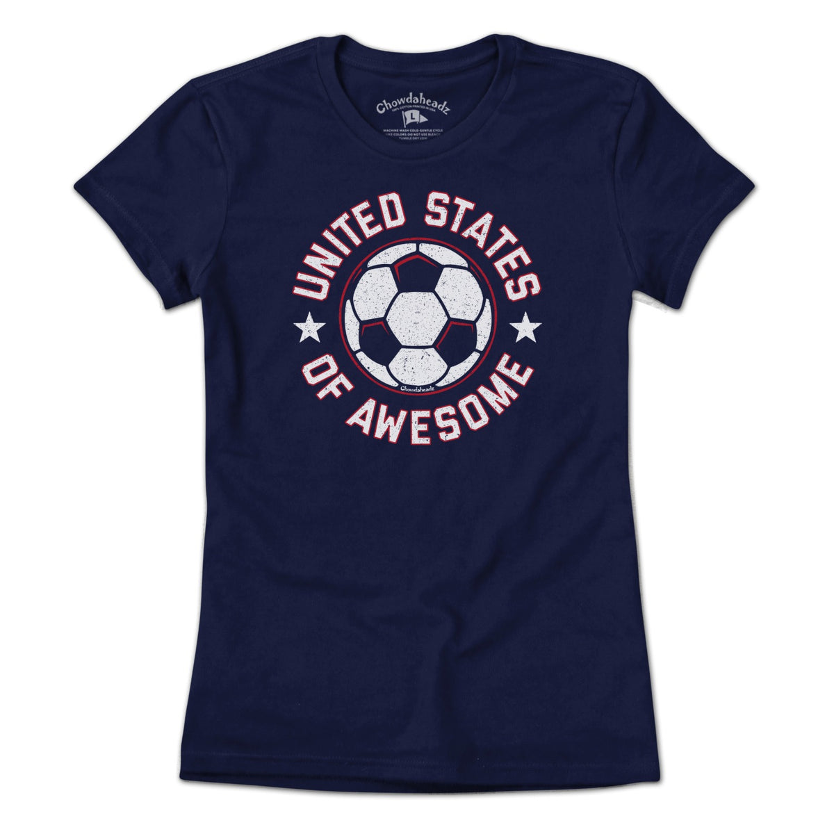 Ladies Tee in Navy with United States of Awesome Soccer patriotic footy graphic