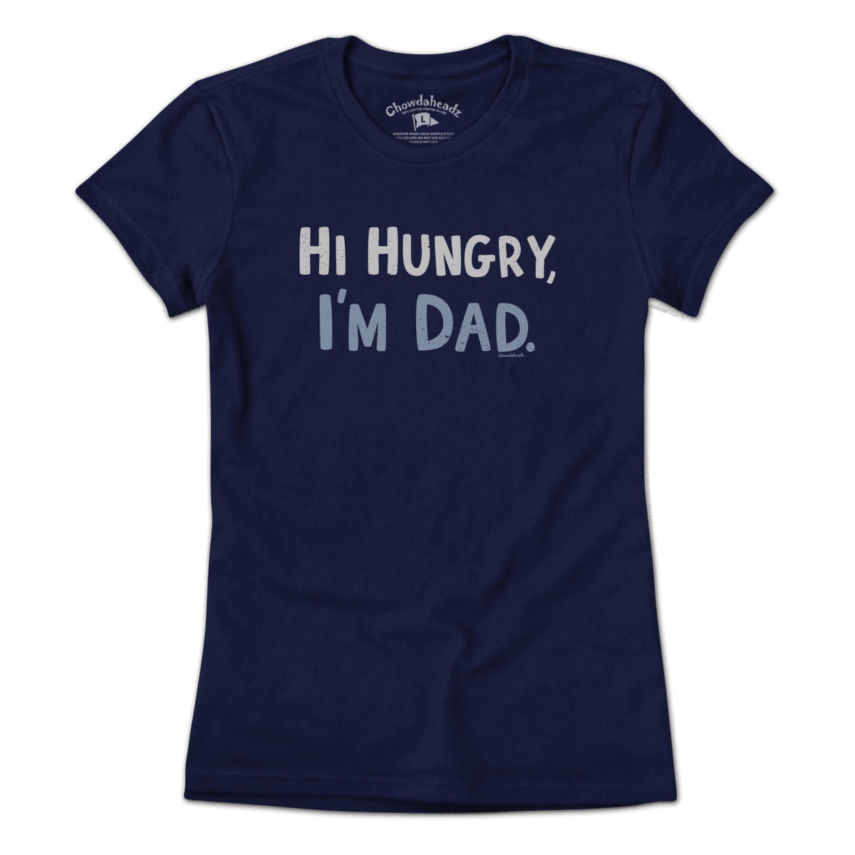 Ladies Tee in Navy with Hi Hungry I'm Dad vintage distressed dad joke graphic