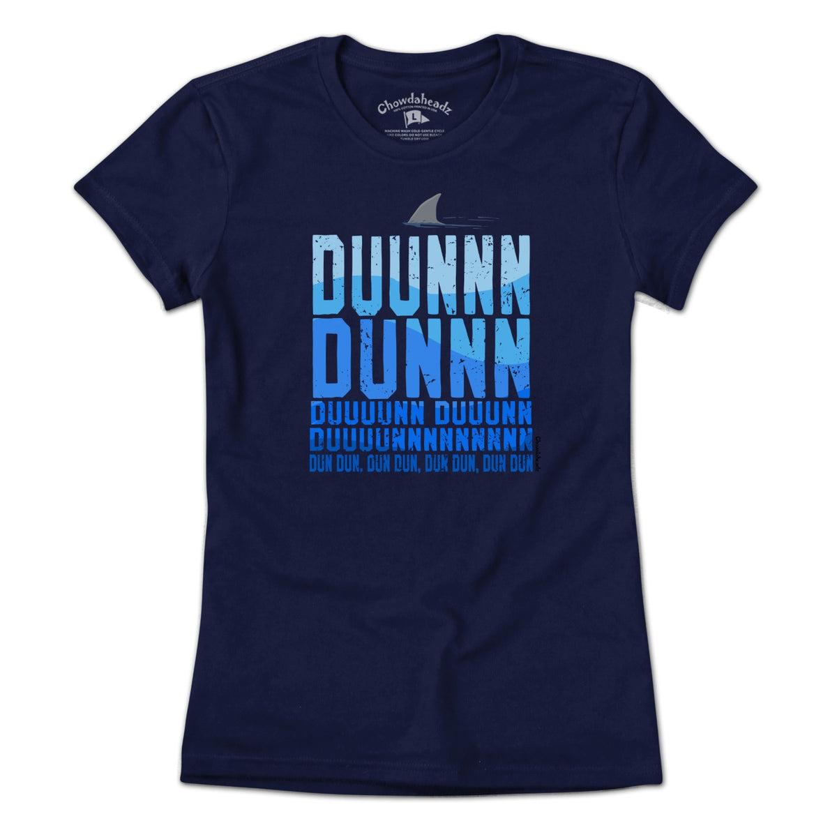 Ladies Tee in Navy with Shark Theme New England coastal graphic