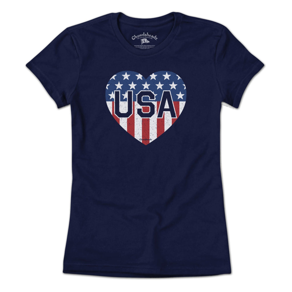Ladies Tee in Navy with USA Heart stars and stripes graphic