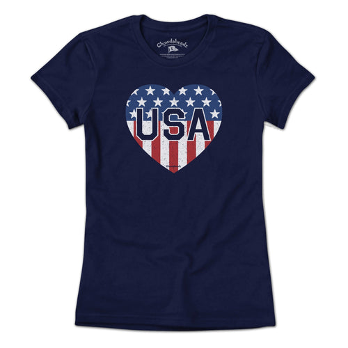 Ladies Tee in Navy with USA Heart stars and stripes graphic